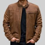 Men's brown leather jacket-front view 1