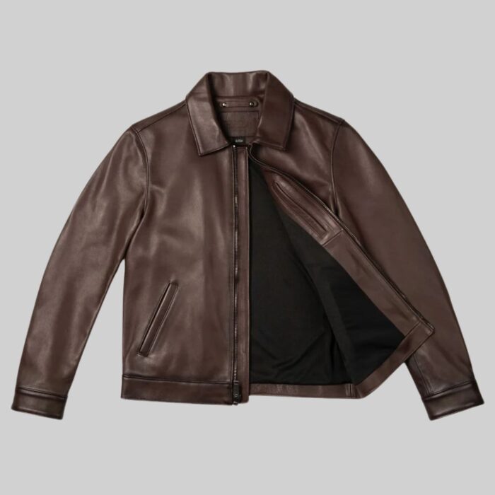 Men's brown leather jacket-front view 2