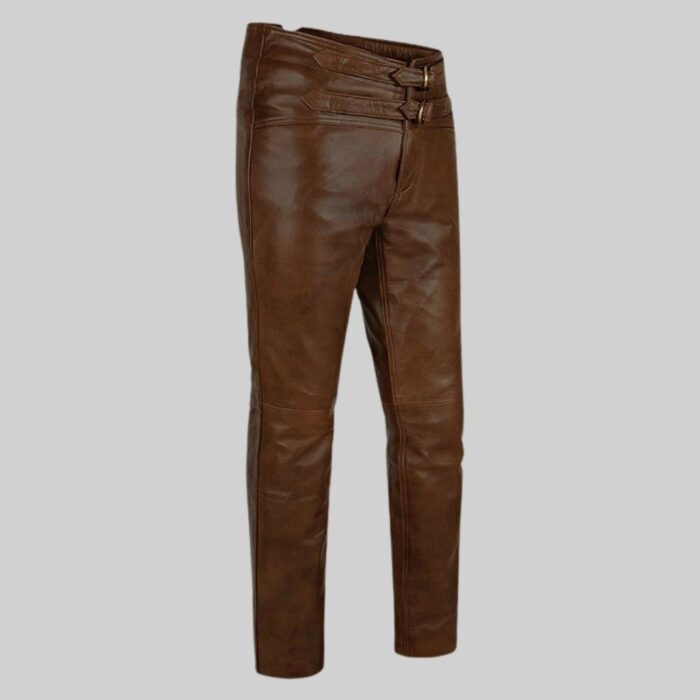 Mens-brown-leather-pants-side-view