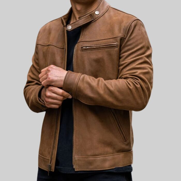 Men's chestnut leather coat-side view