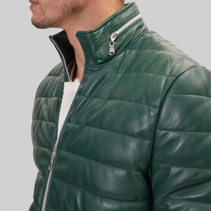 Men’s-green-leather-quilted-jacket-side-closeup