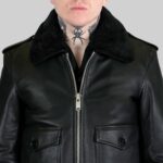 Men's leather aviator coat-front closeup