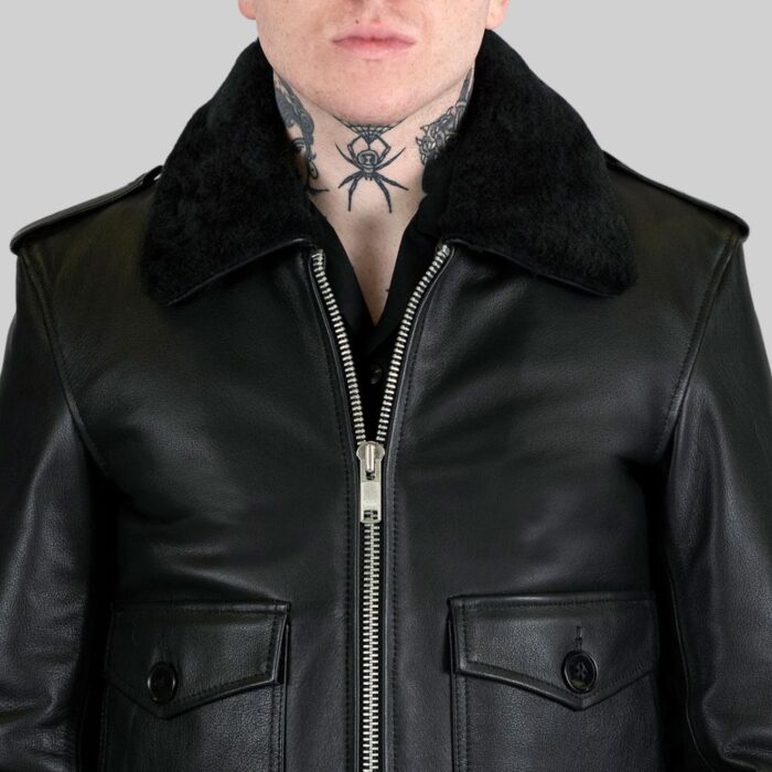 Men's leather aviator coat-front closeup