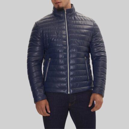 Navy-men-leather-puffer-jacket-front-view