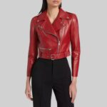 Red crop leather moto jacket-on model, front view