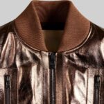 Ribbed neckline of the-cropped leather jacket for women