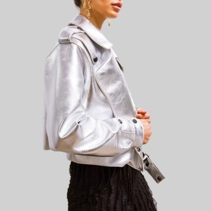 Side profile of a trendy-silver leather cropped jacket