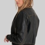 Side view of a-women's cropped leather bomber jacket