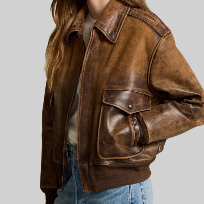 Side view of-brown bomber crop jacket for women