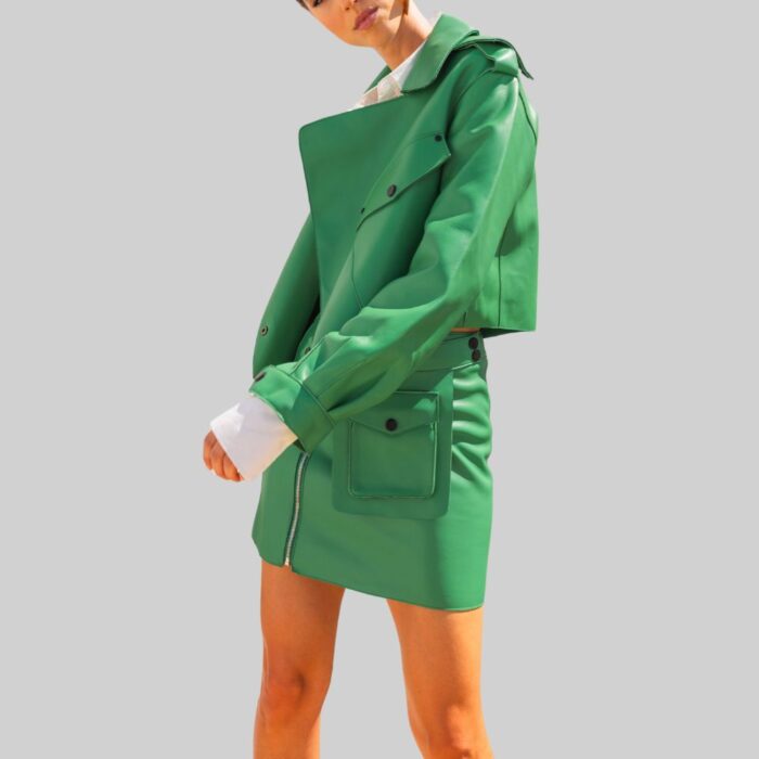 Side view of-cropped green leather jacket