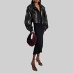 Side view of-cropped leather jacket for women