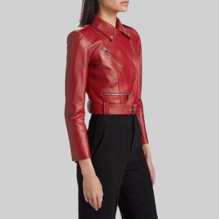 Side view of-red crop leather moto jacket on model