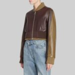 Side view of-women’s brown cropped bomber jacket