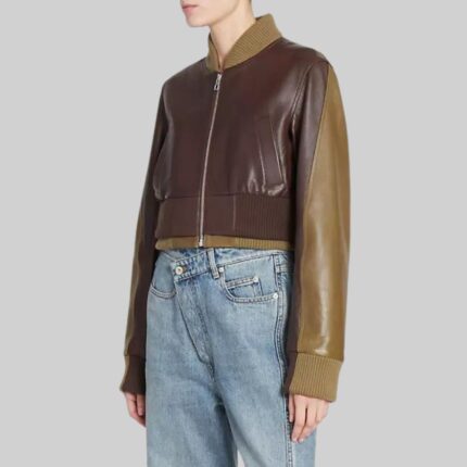 Side view of-women’s brown cropped bomber jacket