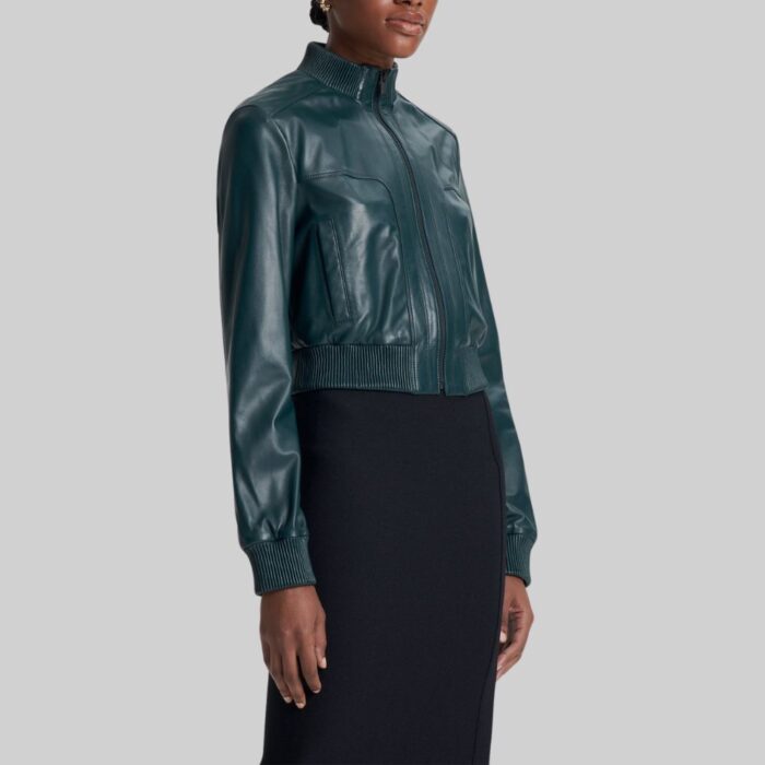 Side view of-women's cropped bomber jacket