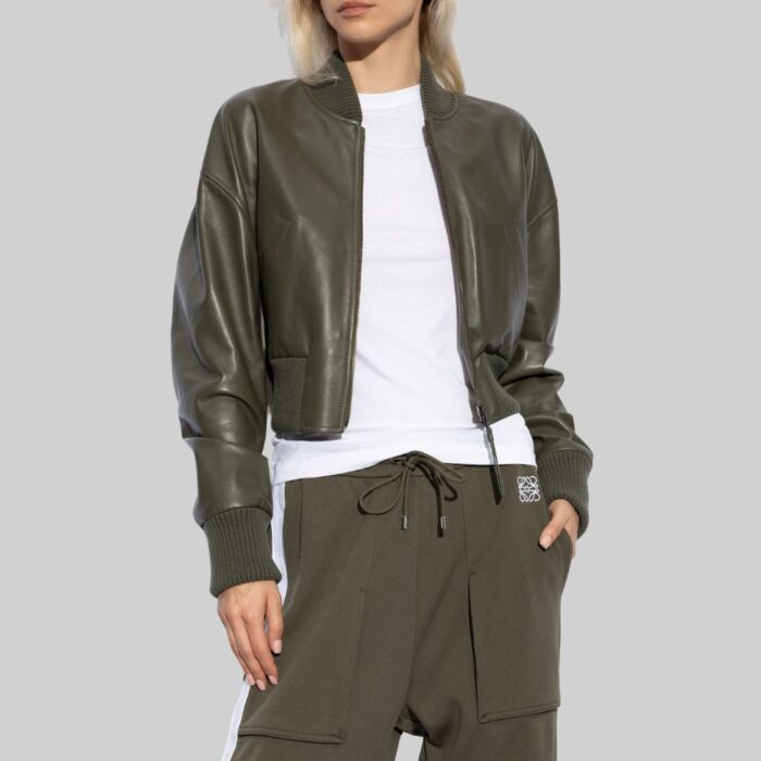 Stylish green cropped leather jacket-front pose