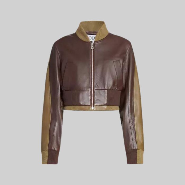 Women’s brown cropped aviator jacket-front view without model