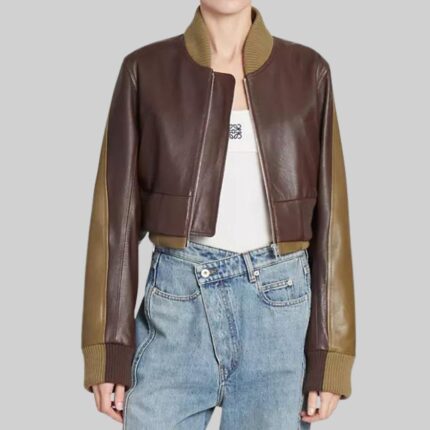 Women’s brown cropped bomber jacket-front pose