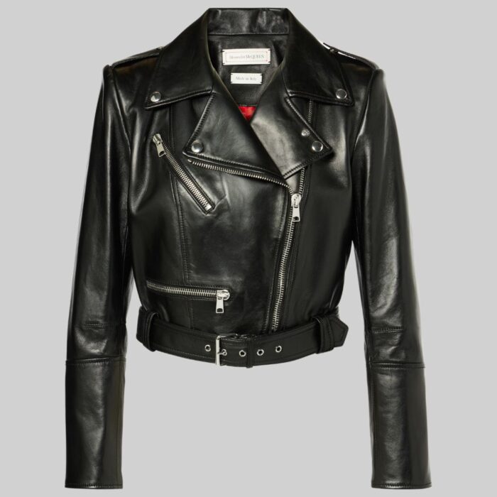 Women's cropped leather biker jacket-front pose