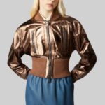 Women's cropped leather bomber jacket-front view with model