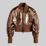 Women's short leather bomber jacket-front display