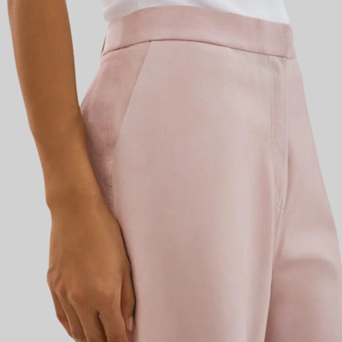 women's-rose-leather-trousers-side-closeup