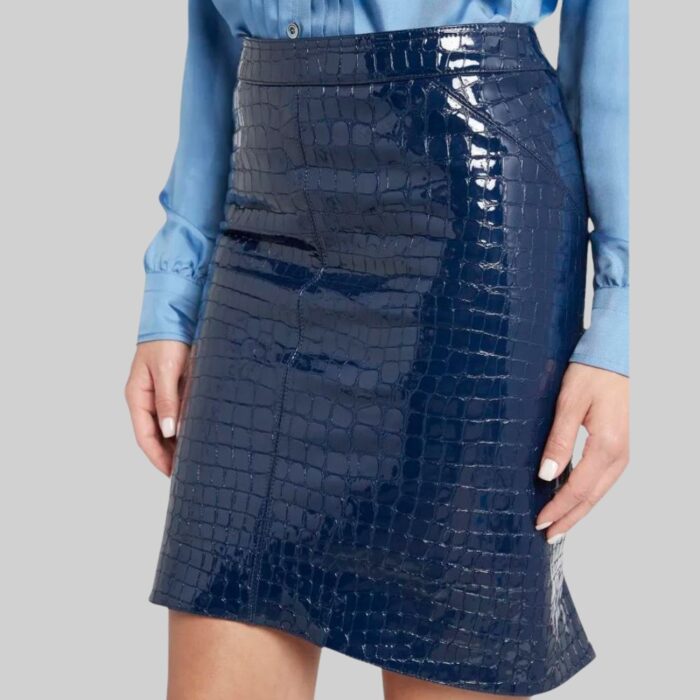 women’s-blue-leather-skirt-side-view