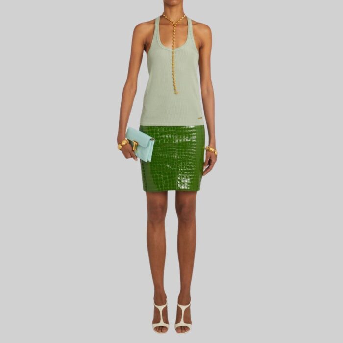 women's-green-leather-skirt-front-view