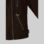 Dark-brown-suede-women's-jacket-front-zip-pocket-closeup