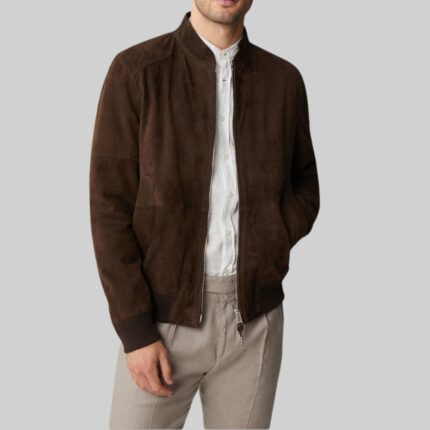 Front-view-of-classic-suede-bomber-jacket-for-men