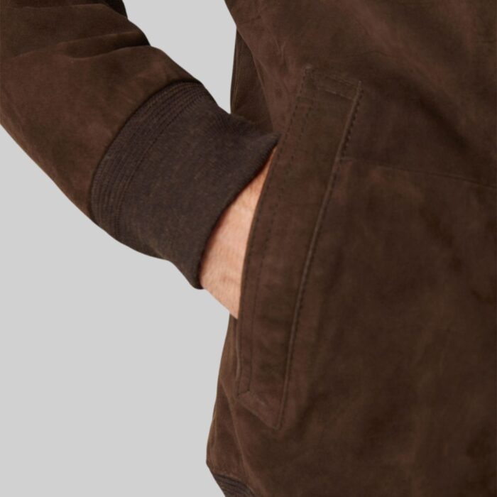 Ribbed-cuff-closeup-on-suede-bomber-jacket-for-men