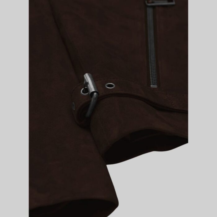 Suede-jacket-waist-belt-closeup-dark-brown