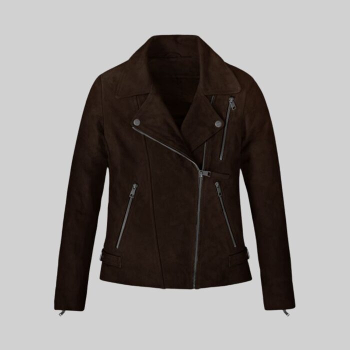 Women's-dark-brown-suede-jacket-front-view