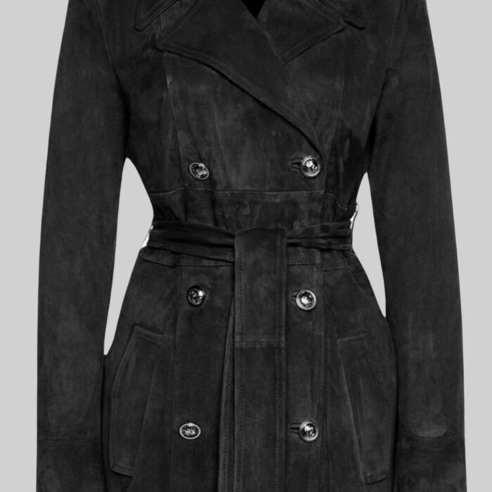 front-button-and-belt-view-black-suede-trench-coat-for-women