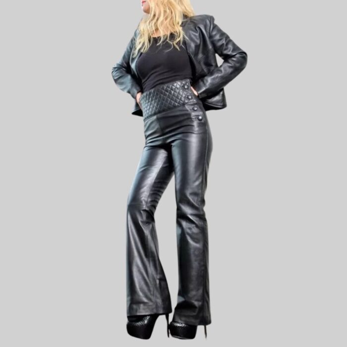 Black-leather-bootcut-pants-front-view-with-model.